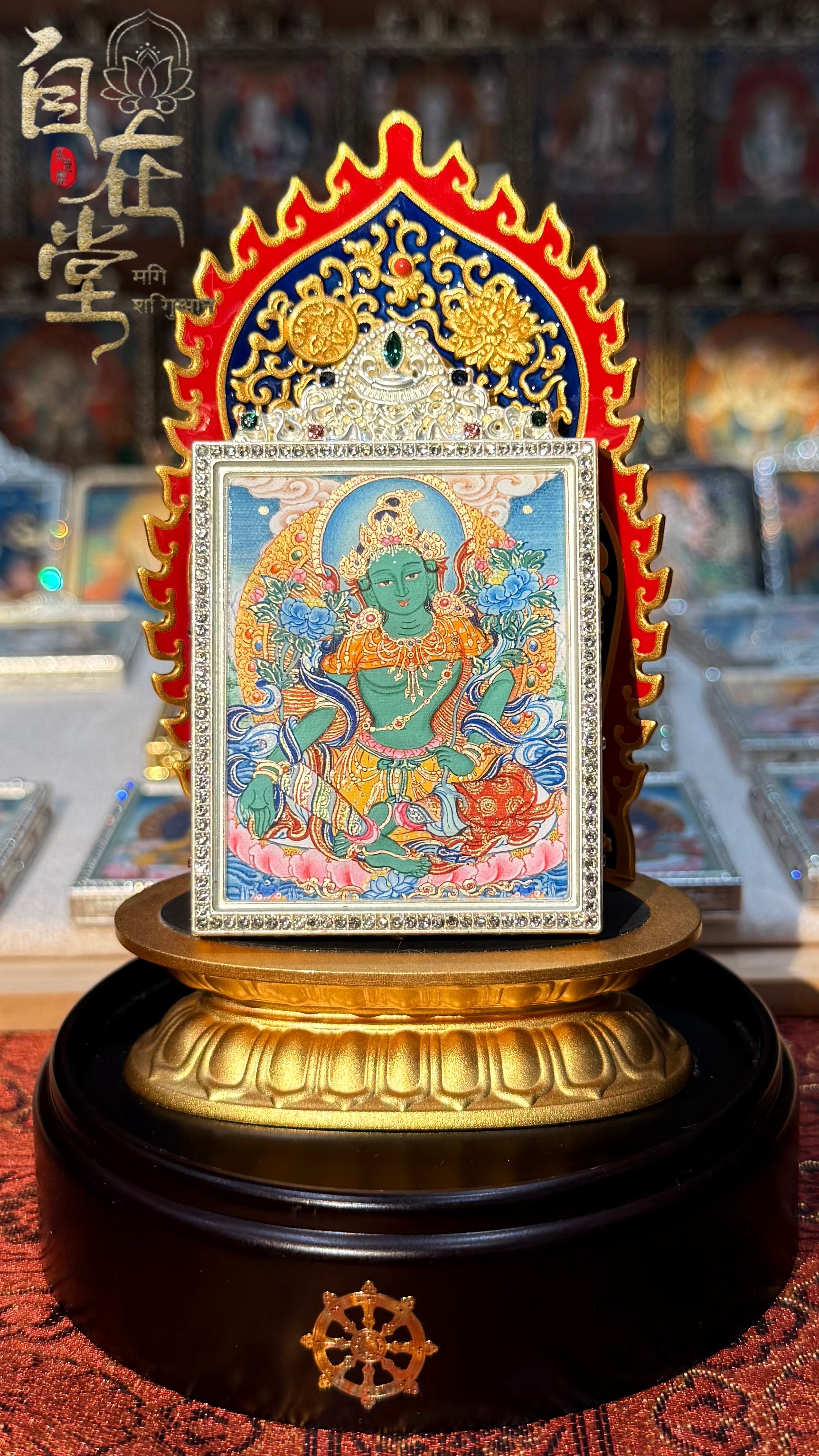 Green Tārā (Blue Lotus Version) | Karma Gadri School | By Deji Zhuoga (4×5 cm Mini Thangka)