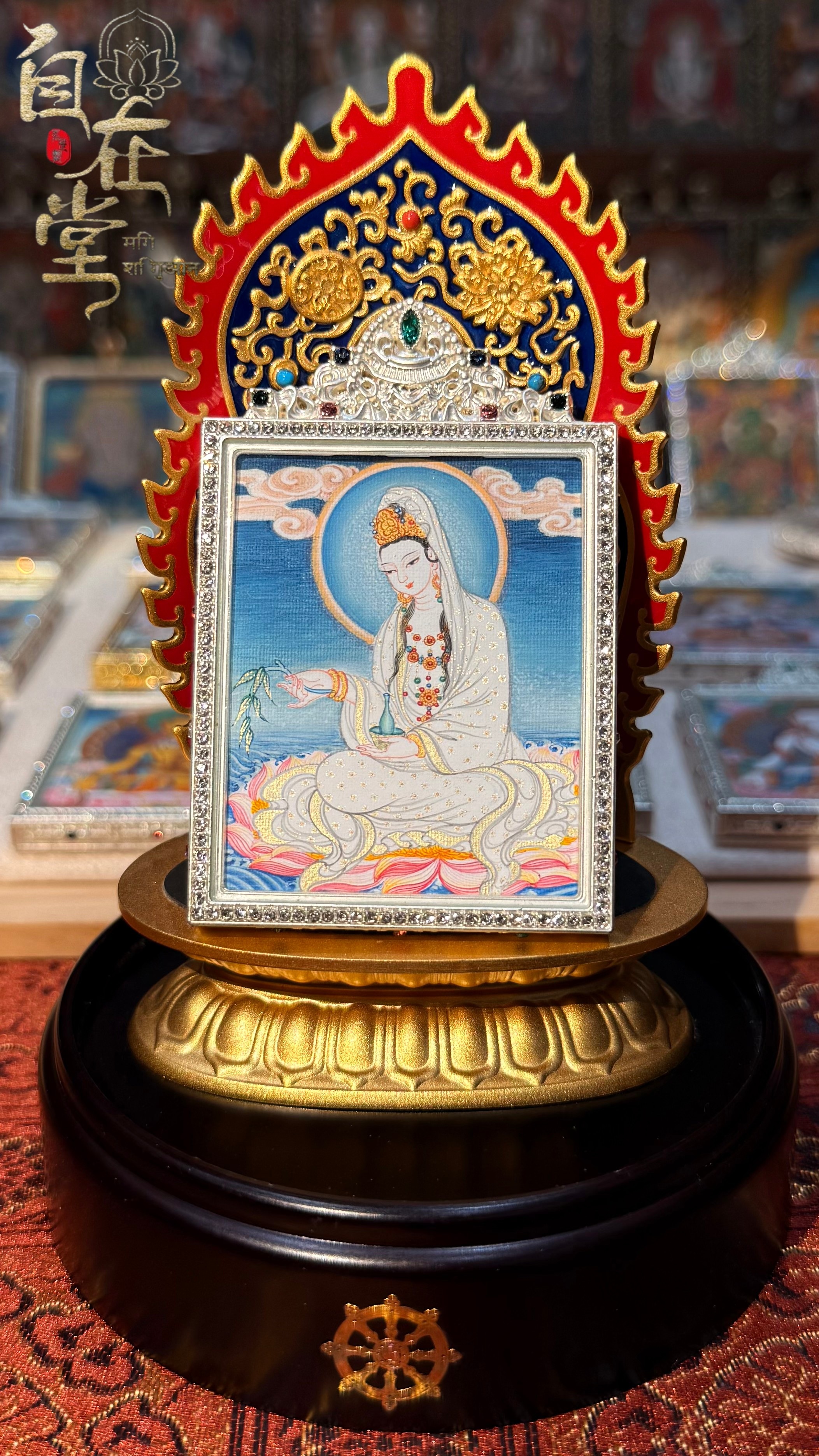 White-Robed Avalokiteśvara (Willow-Branch Avalokiteśvara) | Karma Gadri School | By Deji Zhuoga (4×5 cm Mini Thangka)