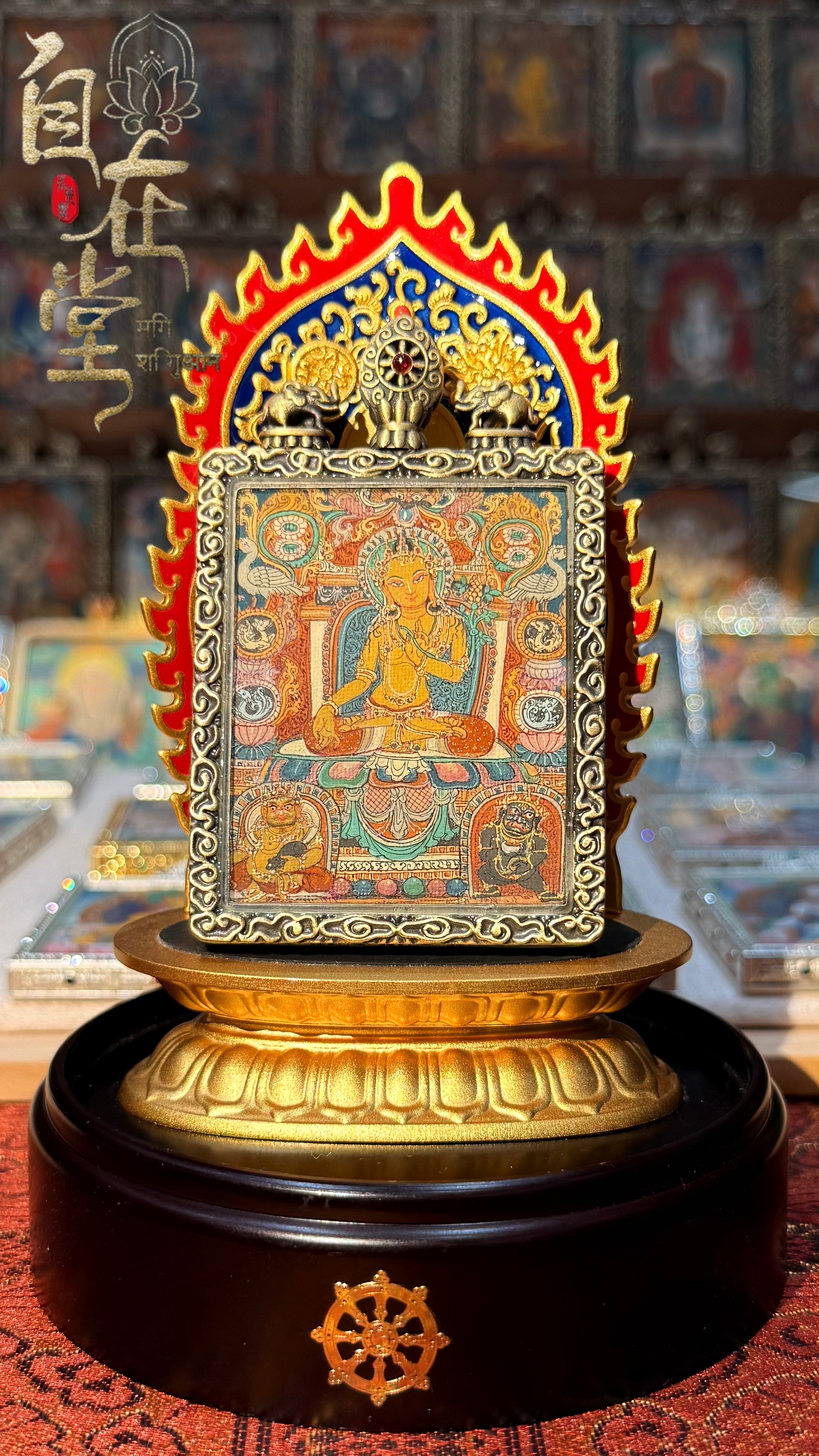 Norgyunma with Yellow & Black Jambhala｜Chikara School｜By Tsering Lodrö (4×5 cm Mini Thangka)